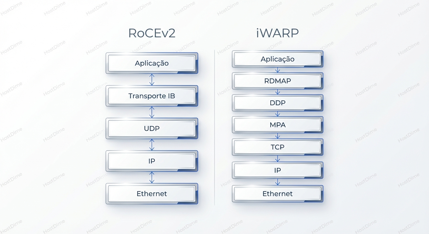 Comparação das pilhas de protocolo: Note a substituição do stack TCP pelo transporte InfiniBand sobre UDP no RoCEv2.