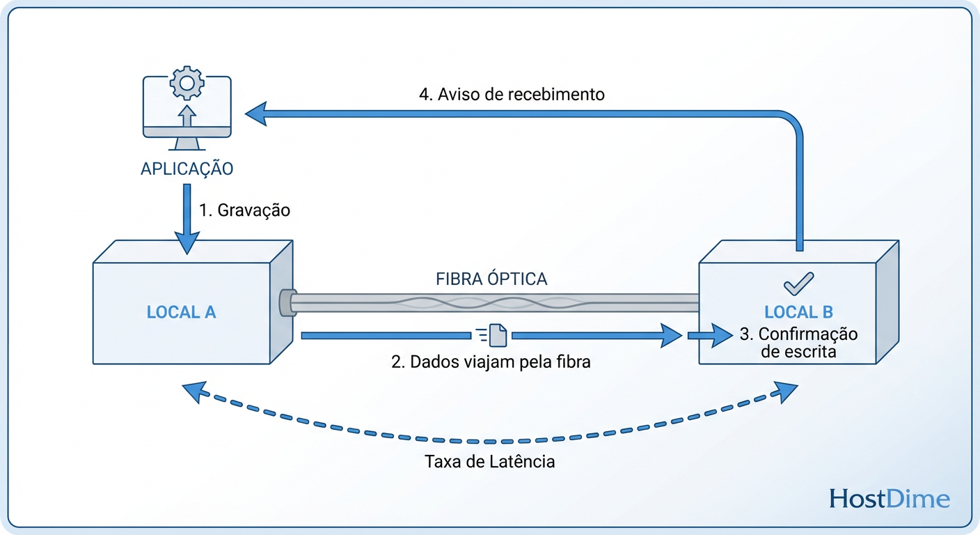 O ciclo de vida de uma gravação síncrona: A aplicação espera a luz viajar até o outro site e voltar.