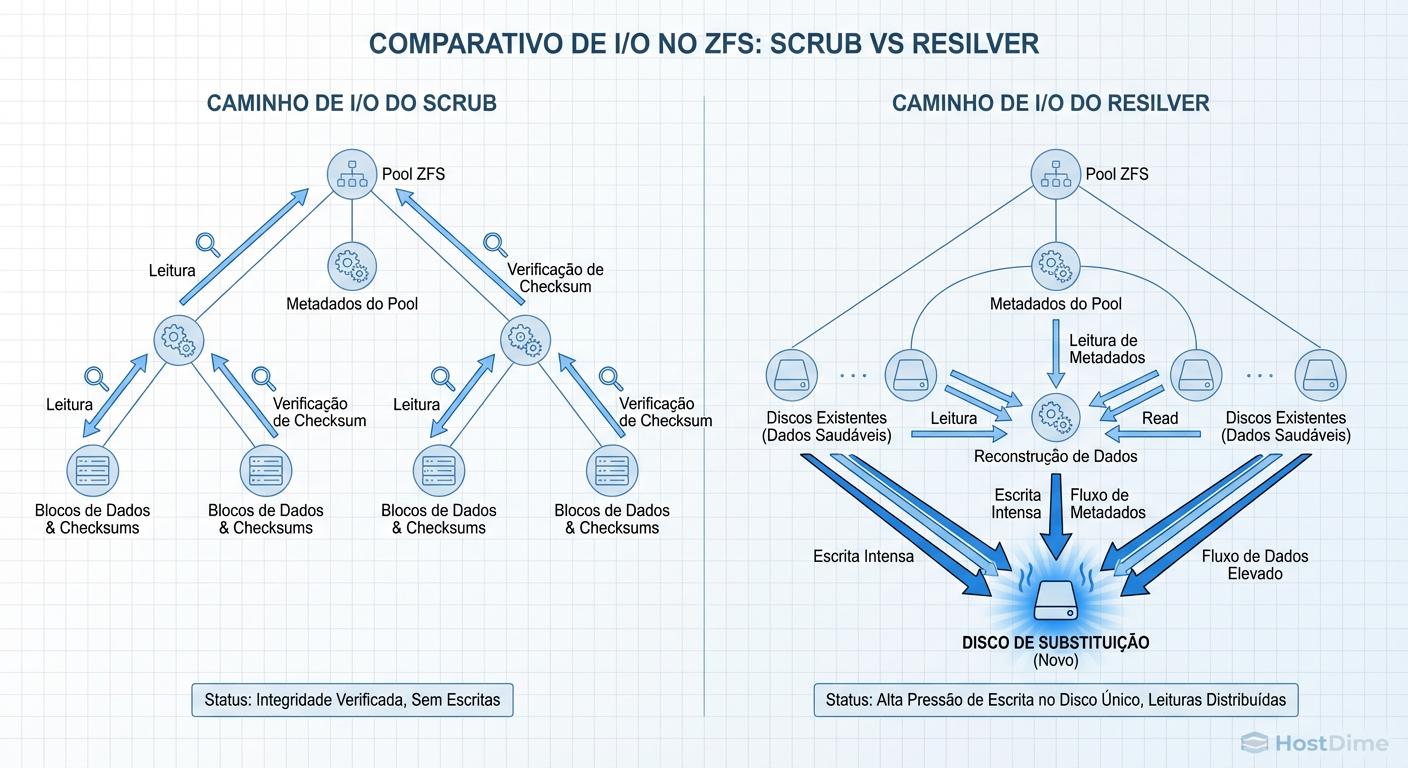 Figura 1: A diferença mecânica. Enquanto o Scrub é uma leitura distribuída para verificação, o Resilver é um funil de escrita focado no disco novo.