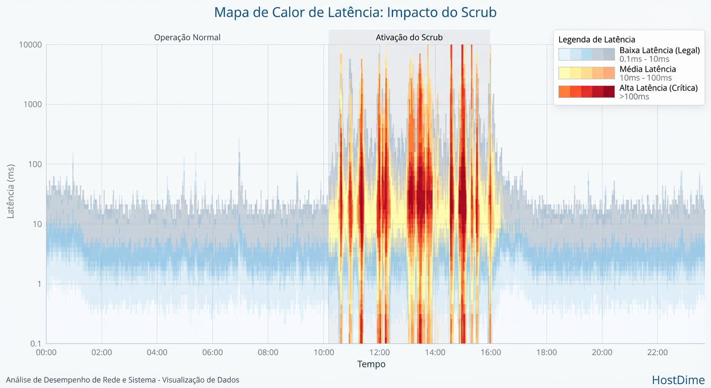 Figura 2: O Custo Operacional. Heatmap mostrando como um Scrub não tunado introduz picos de latência que competem diretamente com a aplicação.