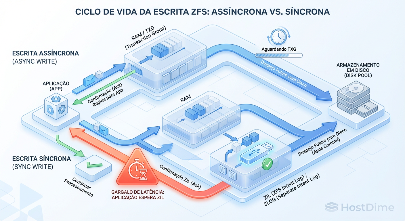 O Ciclo de Vida da Escrita: O SLOG apenas encurta o tempo de 'Ack' para escritas síncronas. Ele não aumenta a banda total do pool.