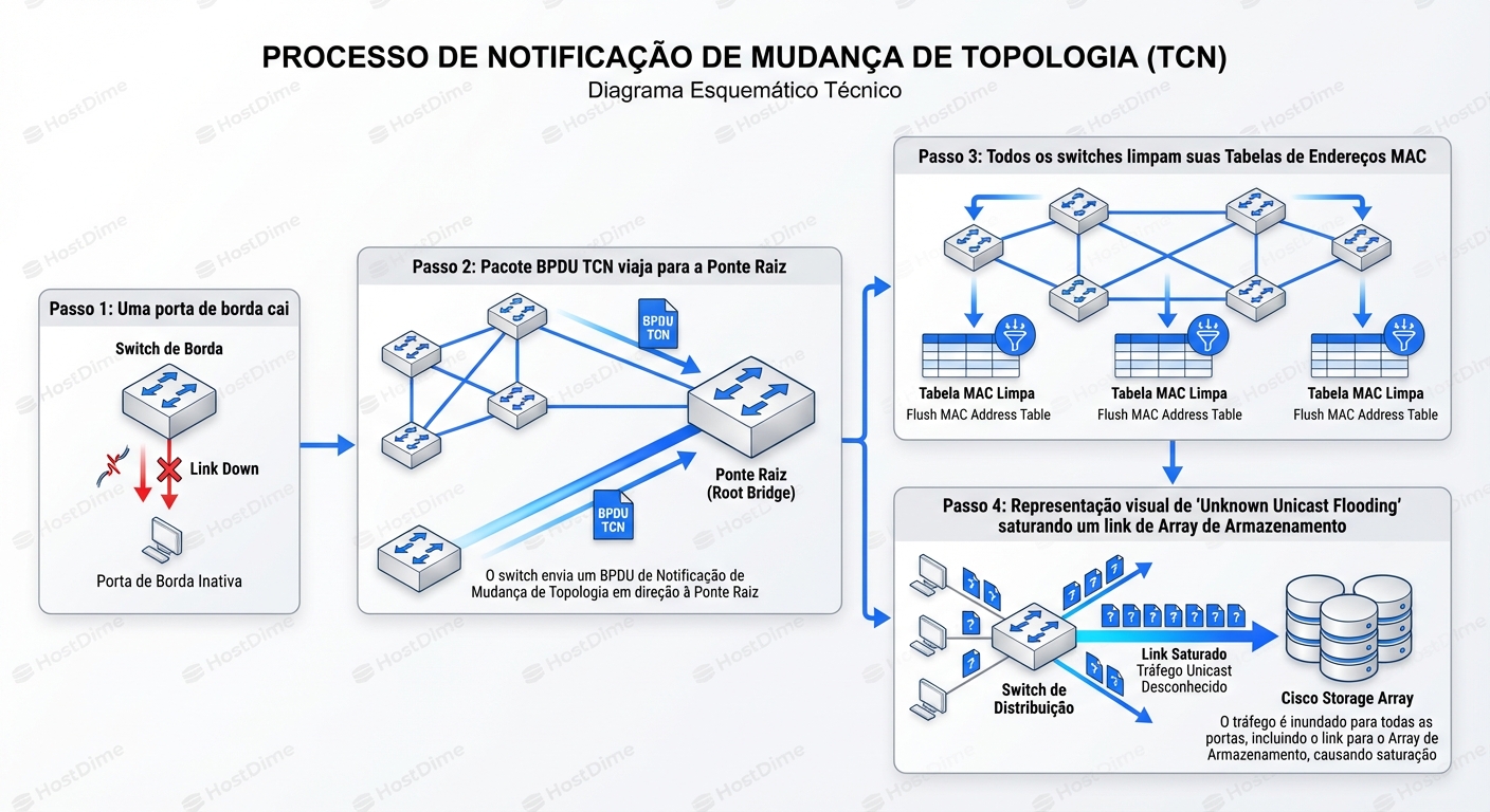 O Ciclo do TCN: Como uma falha em uma porta irrelevante força o flush da tabela MAC em toda a rede, gerando flooding e latência no Storage.
