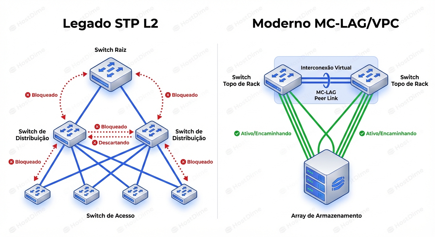 STP vs. MC-LAG: A diferença crítica entre ter links bloqueados por prevenção de loop e utilizar largura de banda ativa-ativa para storage.