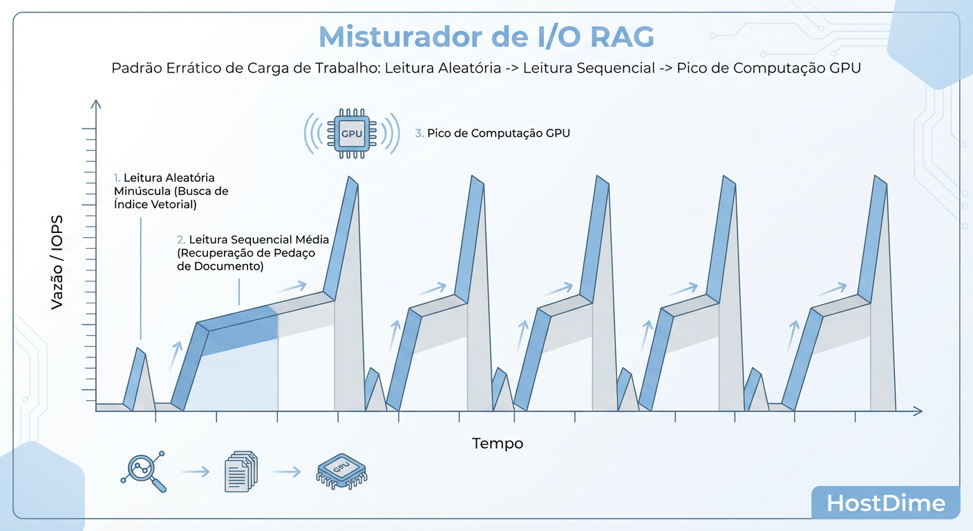 O padrão 'Blender' do RAG: A alternância brutal entre IOPS aleatórios e throughput sequencial exige storage versátil.