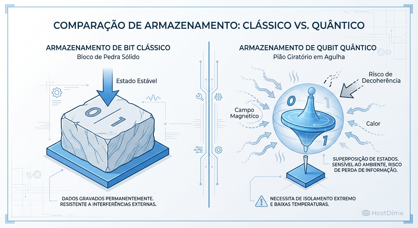 Modelo Mental: A luta contra a Descoerência. Enquanto o bit clássico é estável, o qubit no storage quântico luta constantemente contra o colapso.