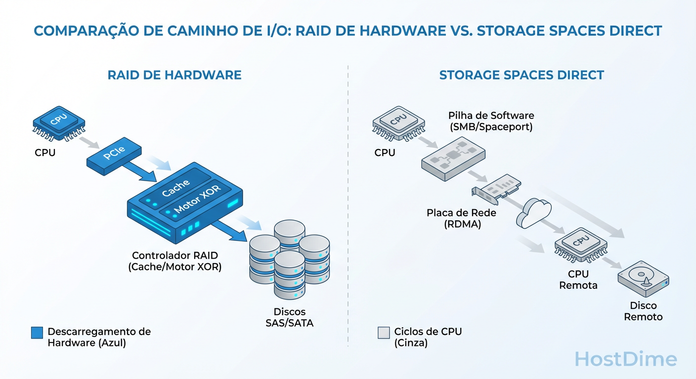 Diagrama do Caminho de I/O: Hardware RAID (Offload) vs. S2D (CPU + Network Latency)