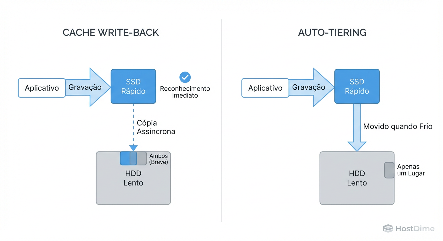 Diferença Arquitetural: No Caching (esquerda), a mídia lenta é a autoridade final. No Tiering (direita), o dado vive onde a performance dita.