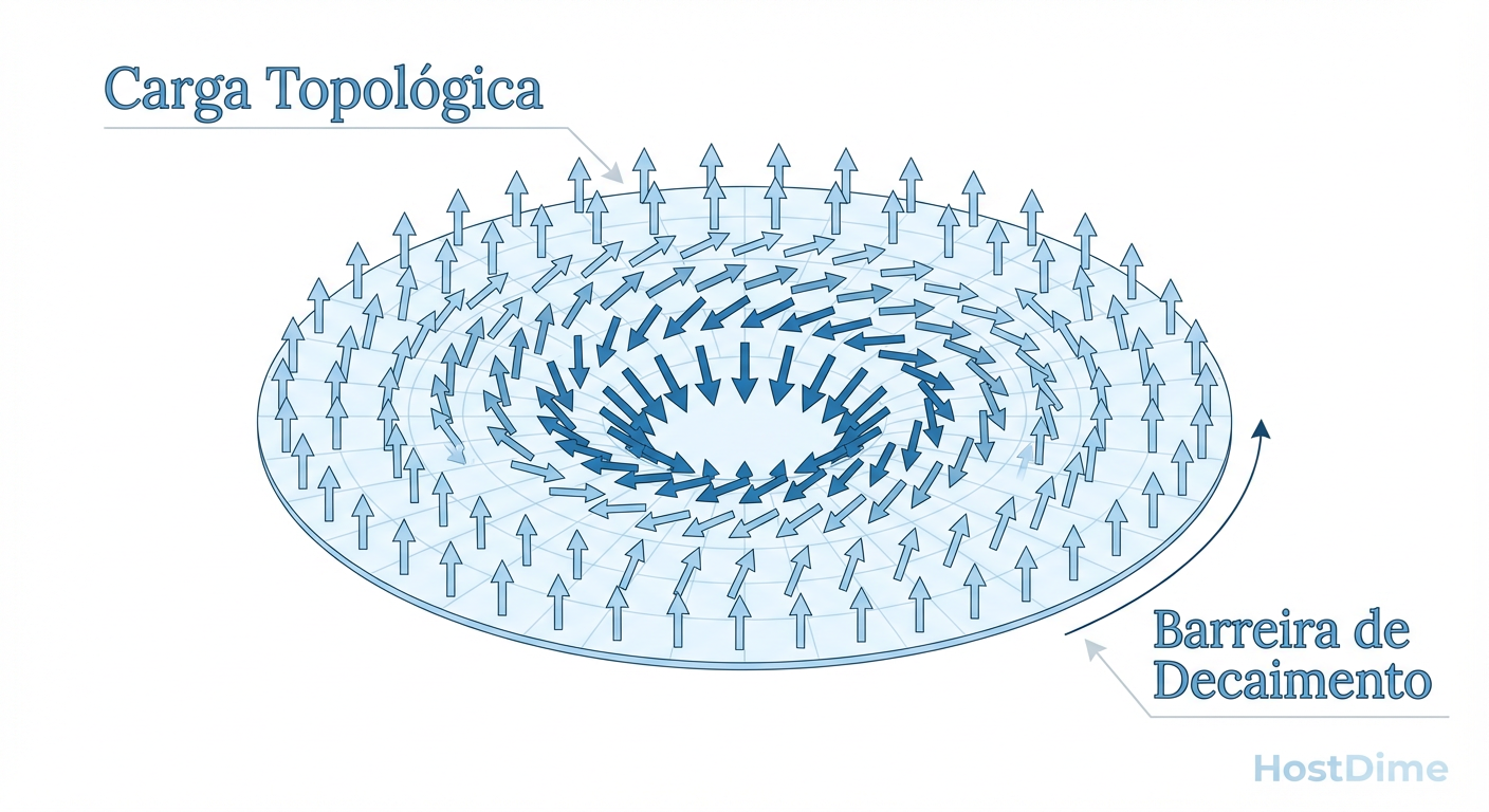 Anatomia de um Skyrmion: A estabilidade vem do 'redemoinho' magnético que resiste a ser desfeito pelo calor.