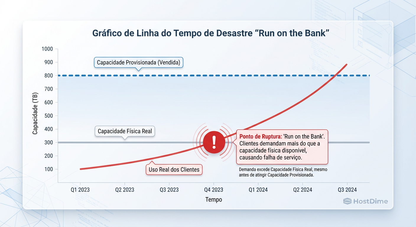 A Armadilha do Overcommitment: O cluster para de funcionar quando a linha vermelha cruza a capacidade física, muito antes de atingir o limite lógico vendido.