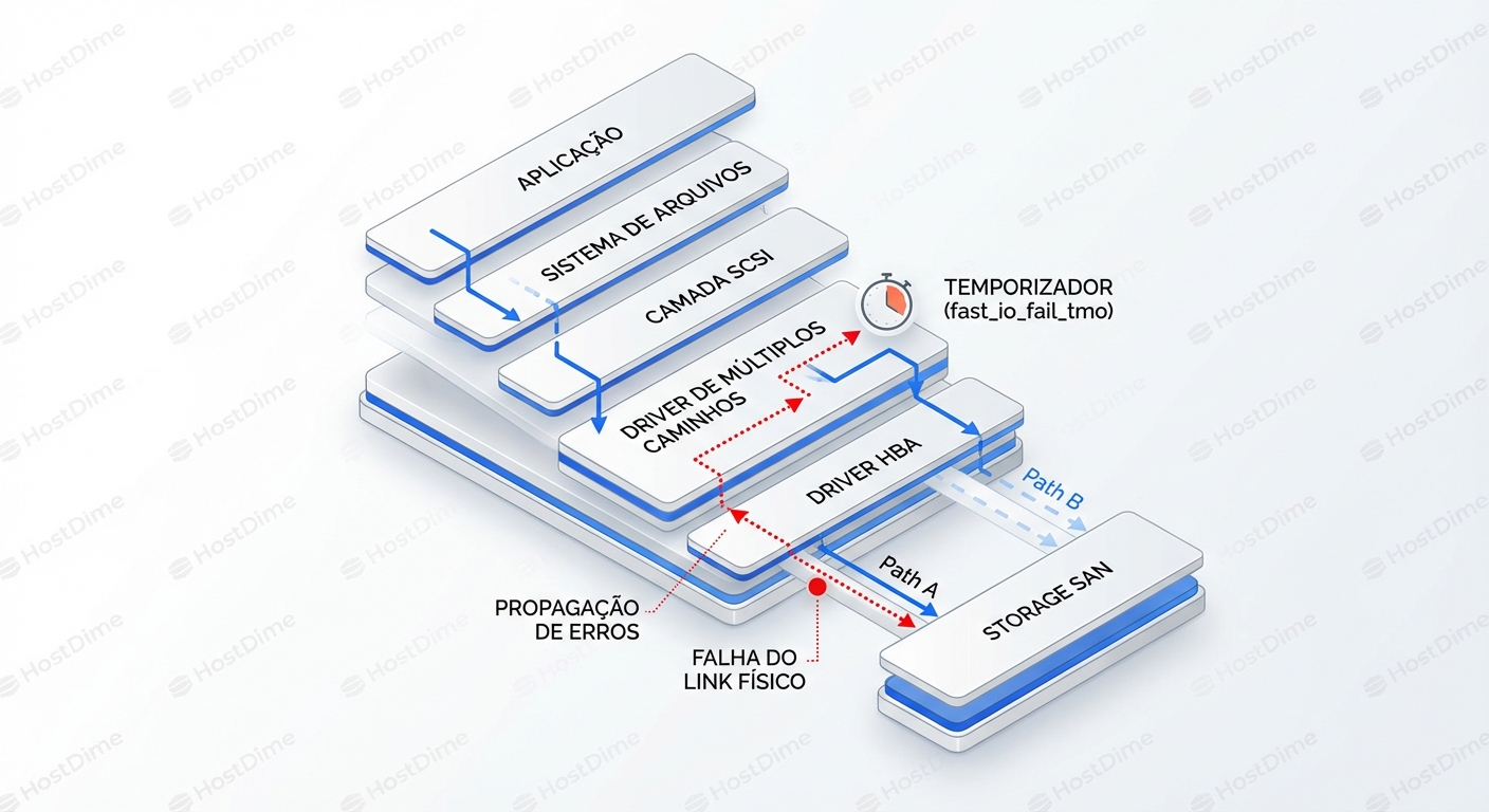 Fluxo de propagação de erro na stack SCSI: O atraso entre a falha física e a decisão do Multipath.