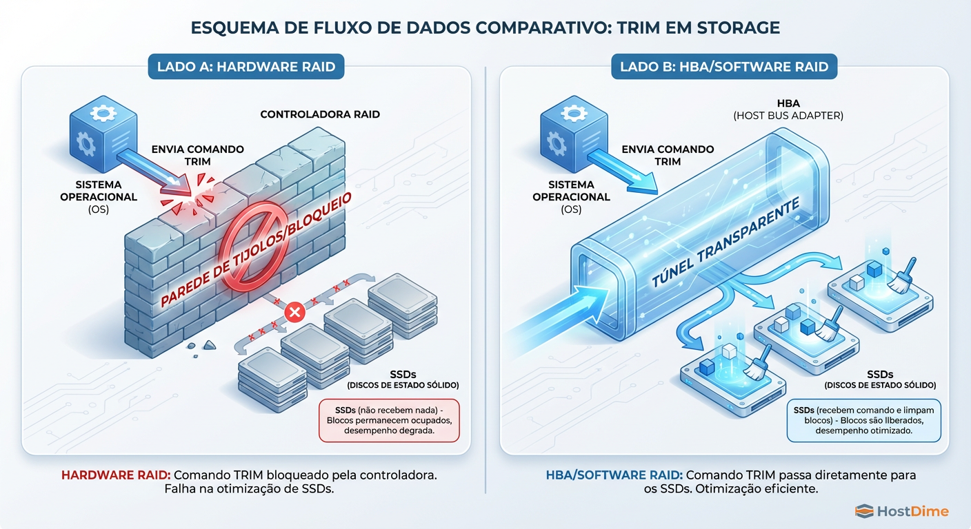 A Barreira do Hardware RAID: Como a abstração do volume lógico impede que o comando TRIM chegue às células de memória NAND.