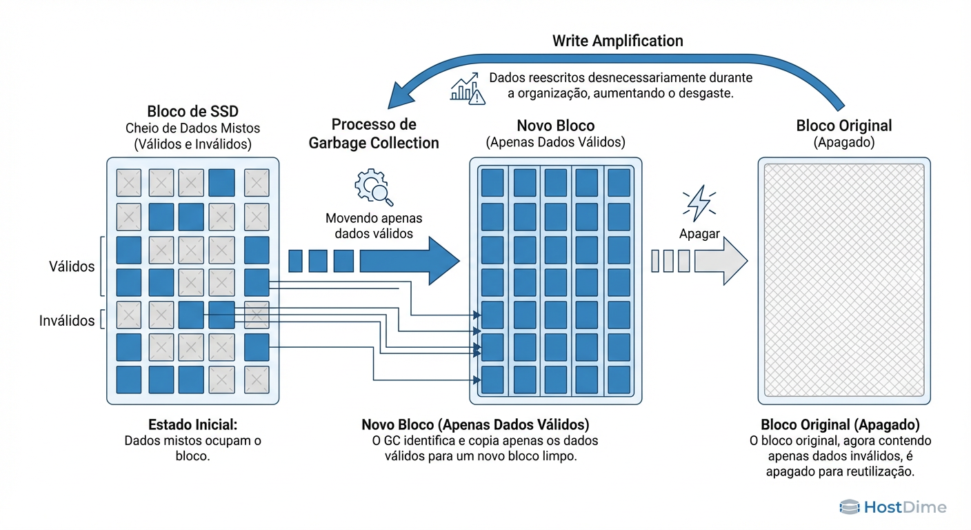 O custo oculto do Garbage Collection: Sem o TRIM, o SSD move dados deletados (lixo) junto com dados válidos, aumentando a Write Amplification.