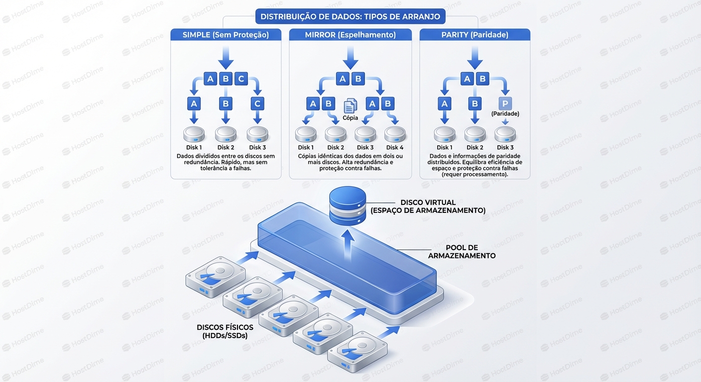 Arquitetura lógica do Storage Spaces, mostrando a abstração do hardware físico.