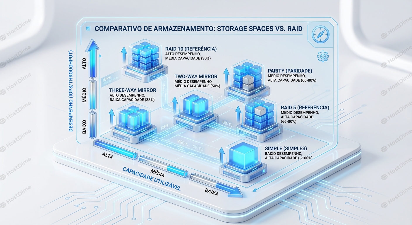Comparativo de desempenho e capacidade entre diferentes configurações de Storage Spaces.