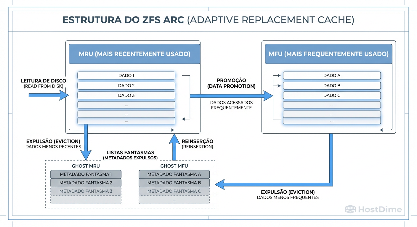O Cérebro do ARC: Ele não apenas armazena o que você usou por último (MRU), mas protege agressivamente o que você usa sempre (MFU). As 'Ghost Lists' são o segredo para o ZFS saber se precisa de mais RAM.