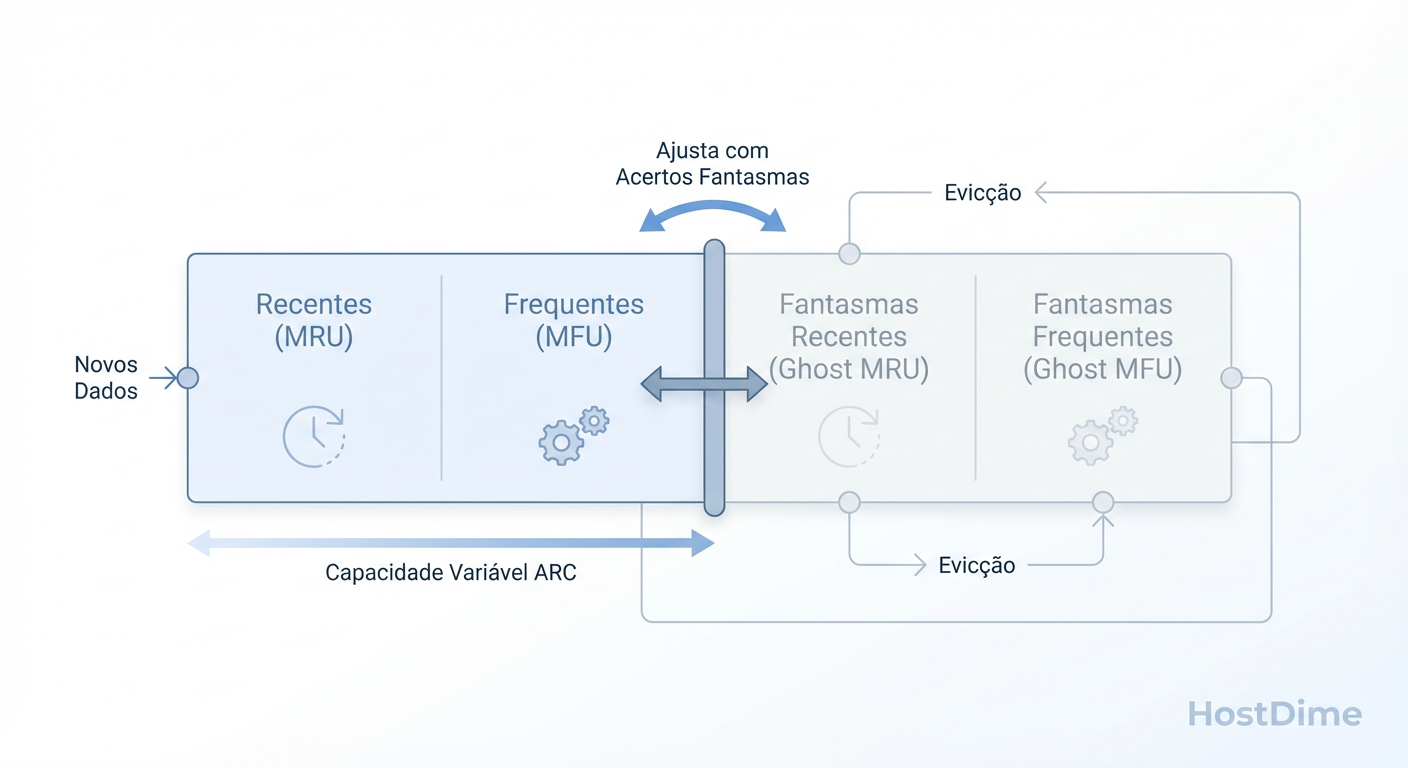 O Mecanismo Adaptativo: O ARC ajusta dinamicamente o equilíbrio entre Recência (MRU) e Frequência (MFU) baseado em hits nas 'Ghost Lists'.
