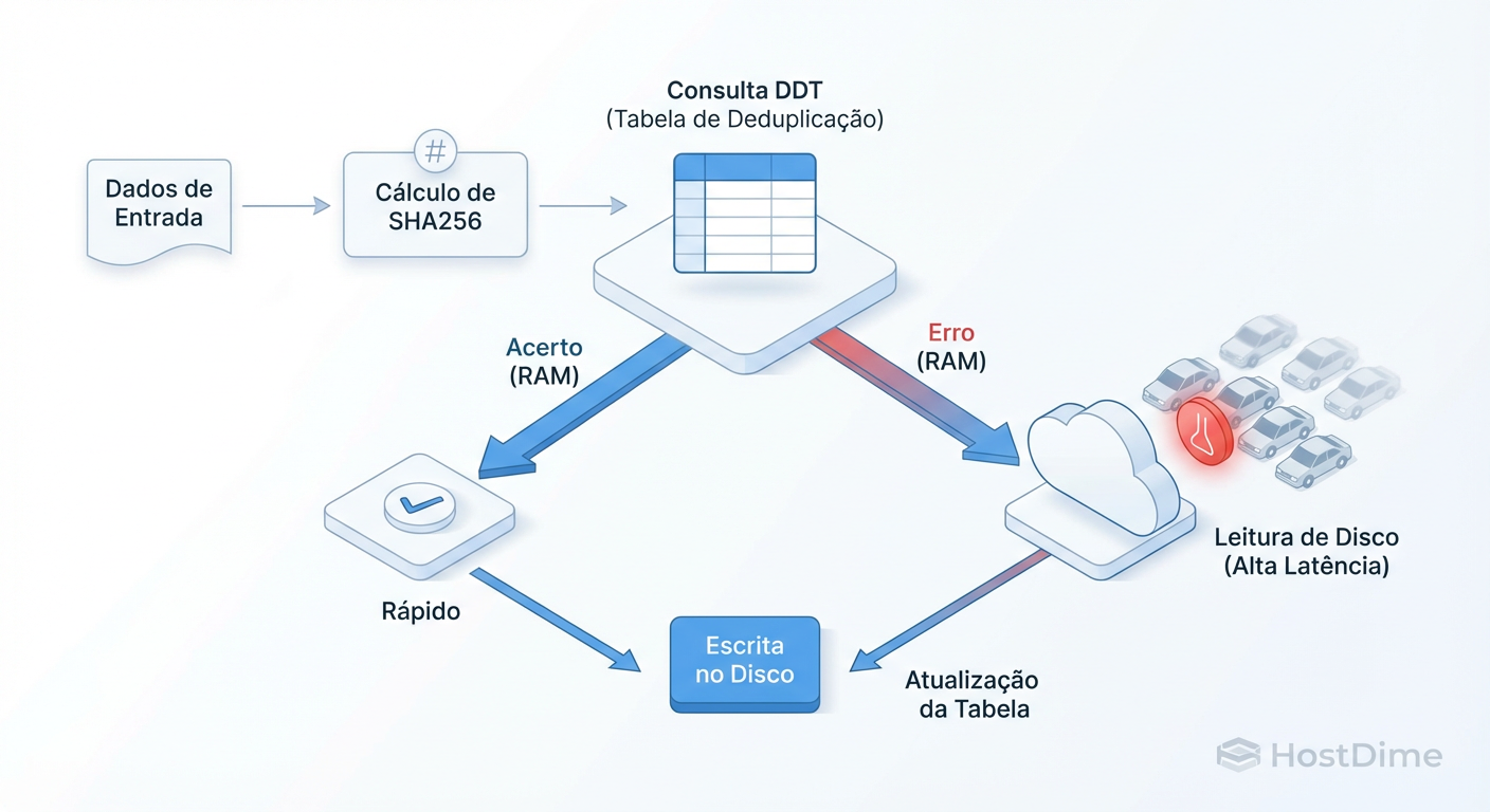 O Ciclo de Escrita com Dedup: Cada gravação exige uma verificação de existência. Se o DDT não estiver na RAM (ARC), sua latência de escrita dispara porque você precisa ler do disco antes de gravar.