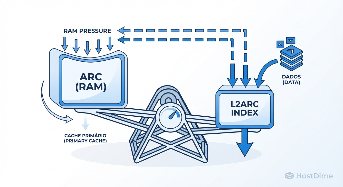 O Trade-off do L2ARC: Para gerenciar dados no SSD, o ZFS precisa comer RAM para criar o índice. Se o L2ARC for grande demais em um sistema com pouca memória, você reduz o cache mais rápido (RAM) para alimentar o cache mais lento (SSD).