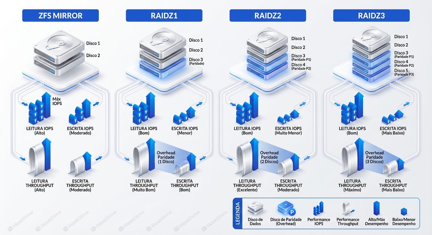 Comparativo visual: Mirror, RAIDZ1, RAIDZ2 e RAIDZ3 com exemplos de capacidade e tolerância a falhas.