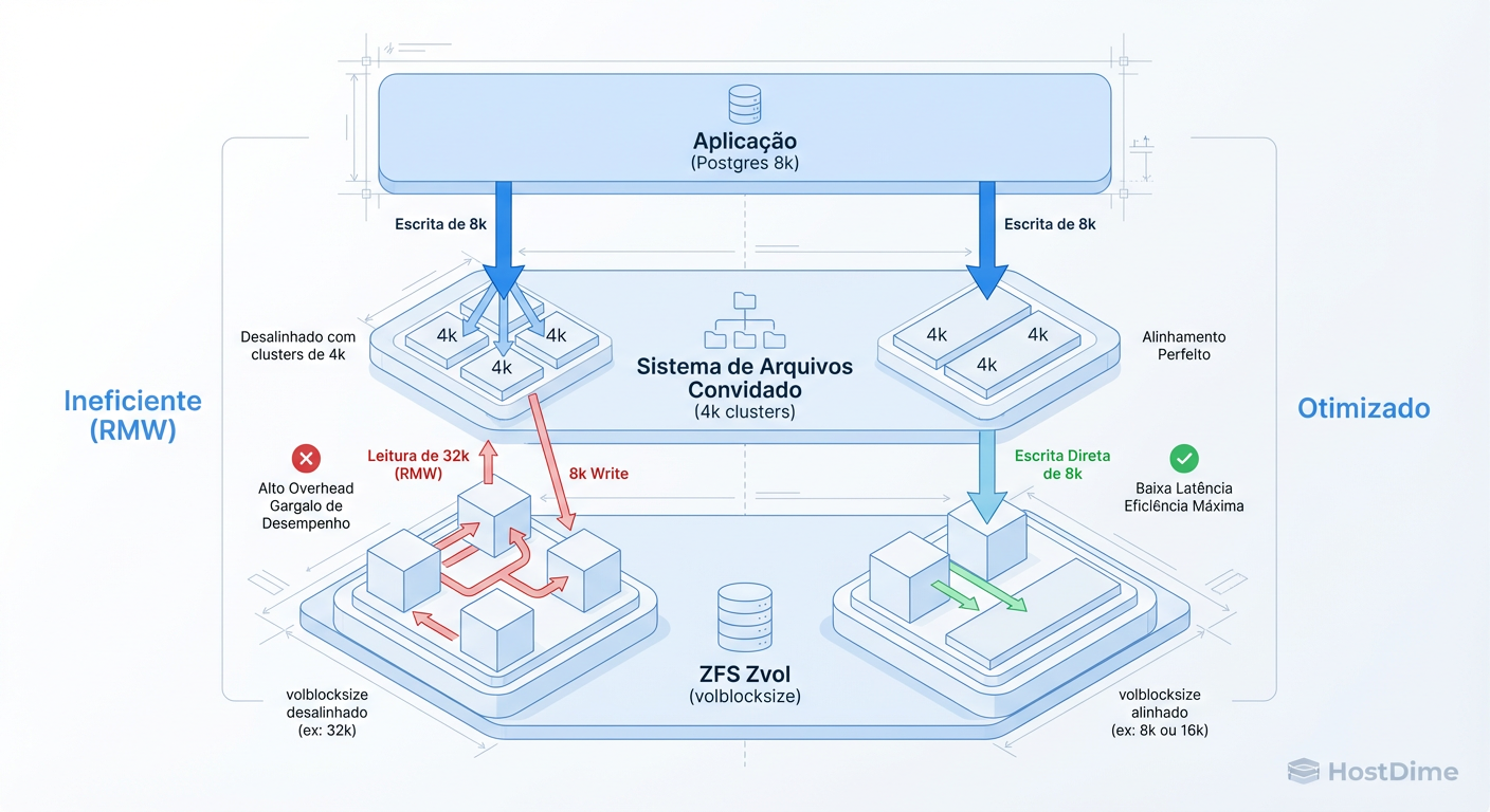 O Custo Invisível: Como o desalinhamento de blocos força o ZFS a ler antes de gravar (Read-Modify-Write).