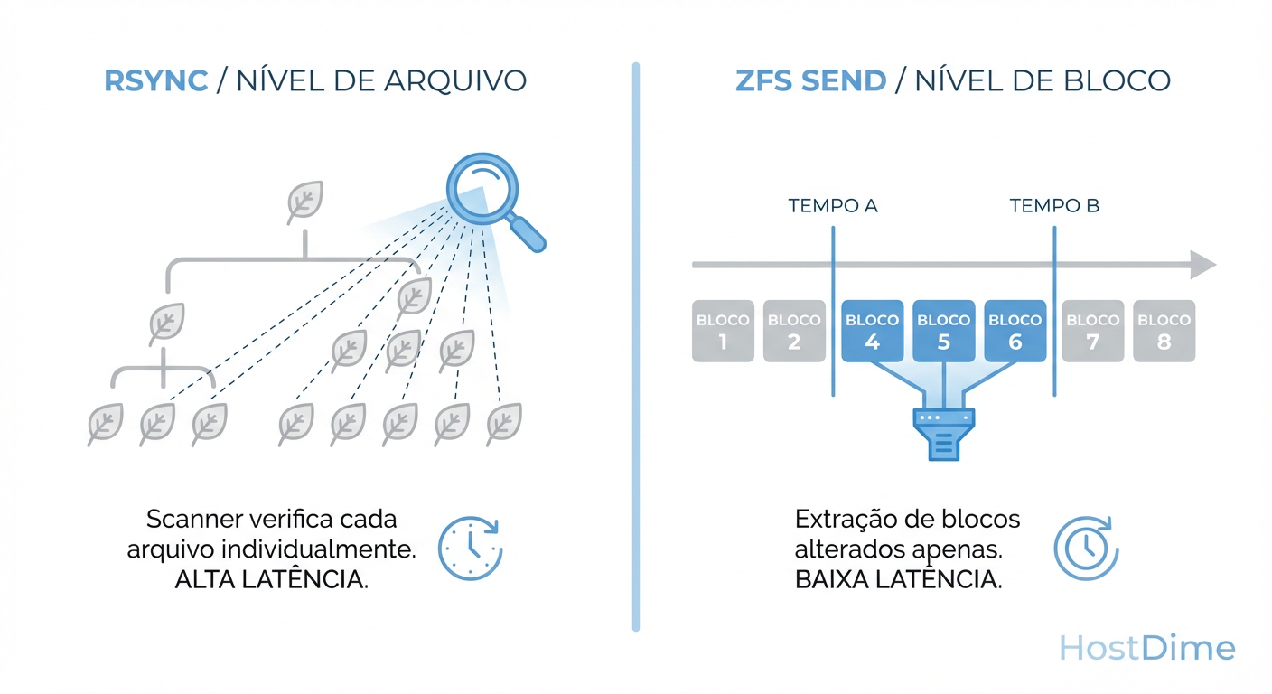 A diferença de O(n) para O(1): Enquanto ferramentas tradicionais 'perguntam' arquivo por arquivo o que mudou, o ZFS consulta a árvore de blocos baseada no tempo de nascimento (TXG).