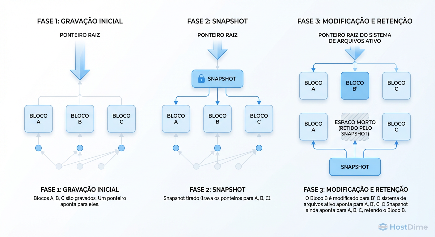 A Mecânica do CoW: O snapshot não copia dados, ele congela ponteiros. O espaço só é consumido quando os dados divergem.