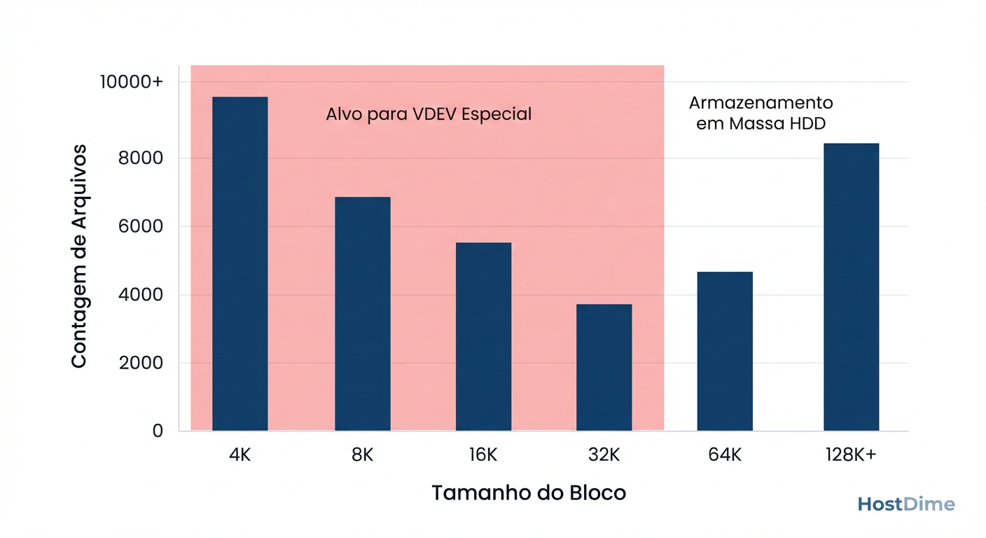A Curva de Eficiência: Identificando o 'ponto de corte' ideal para o special_small_blocks. Jogar blocos de 128K no SSD é desperdício; focar em 4K-32K é onde o ganho de IOPS brilha.