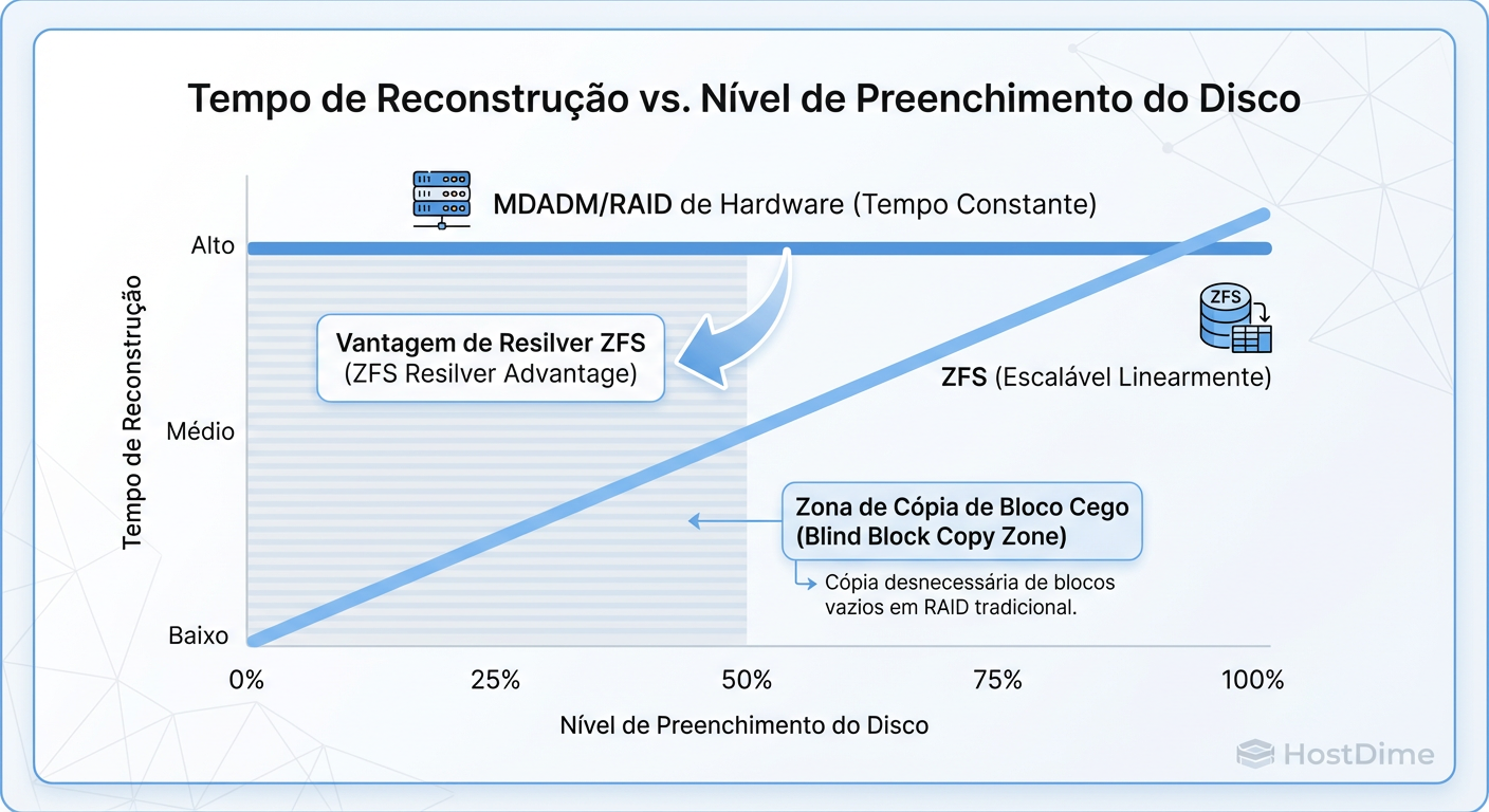 Comparativo de Tempo de Rebuild: ZFS Resilver vs MDADM Sync em relação ao uso do disco.
