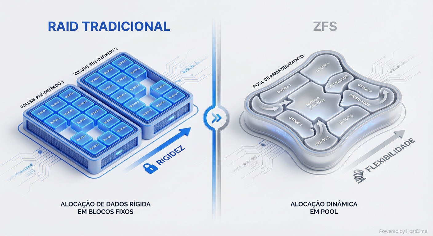 Alocação de dados: RAID (blocos fixos) vs ZFS (alocação dinâmica).