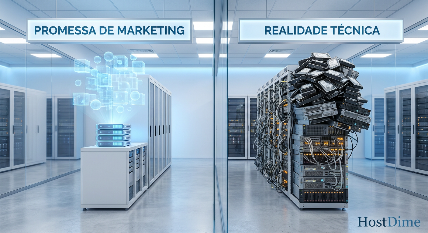 Comparativo visual entre a promessa de marketing da deduplicação versus a realidade física necessária para armazenar dados criptografados.