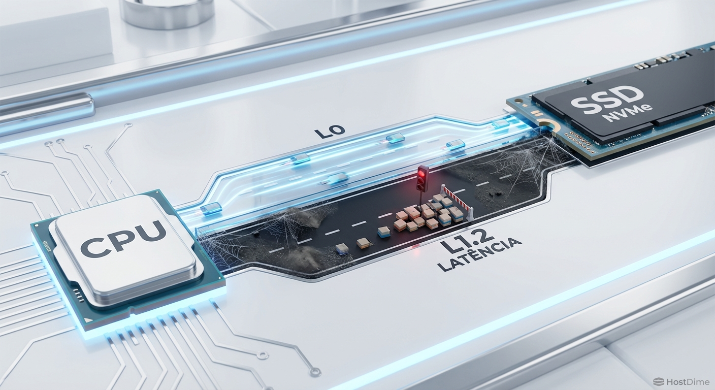Representação visual do gargalo de latência quando o link PCIe falha ao sair do estado L1.2 para o L0.