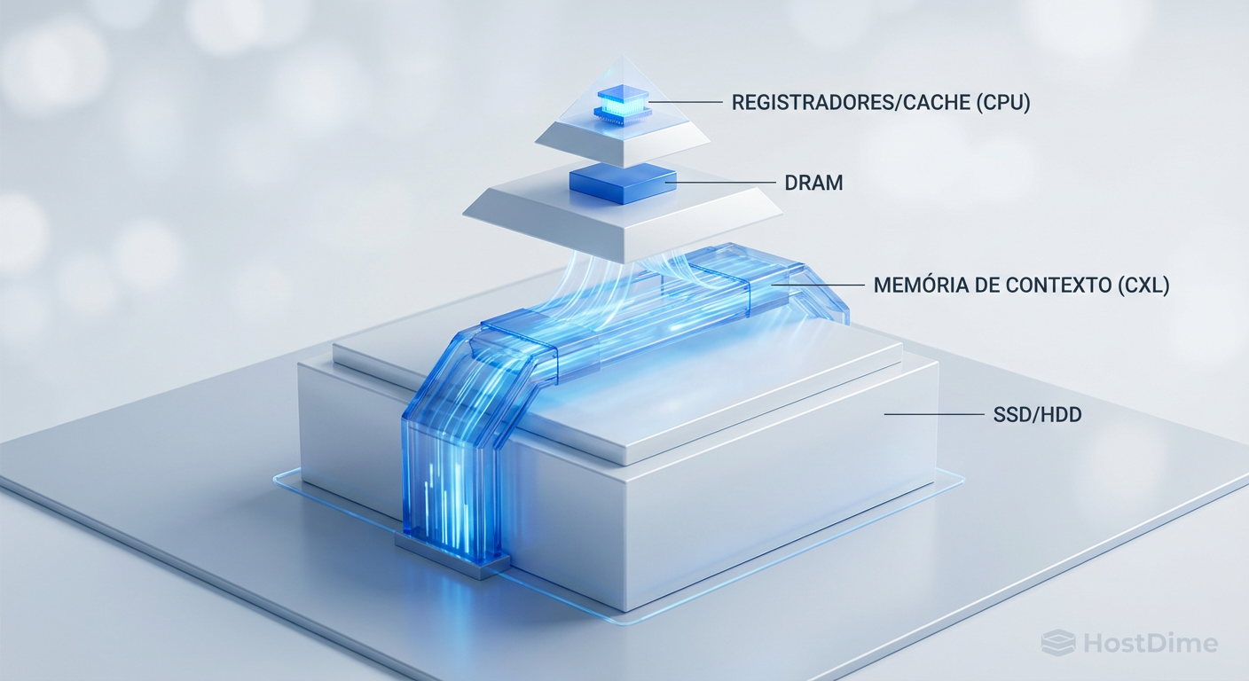 Diagrama da nova hierarquia de memória ilustrando a inserção da camada de Memória de Contexto via CXL entre a DRAM e o SSD.
