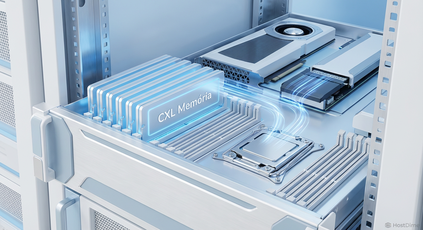 Visualização interna de um servidor moderno mostrando módulos de memória CXL no formato E3.S conectados diretamente à via de dados da CPU, ilustrando a expansão de capacidade.