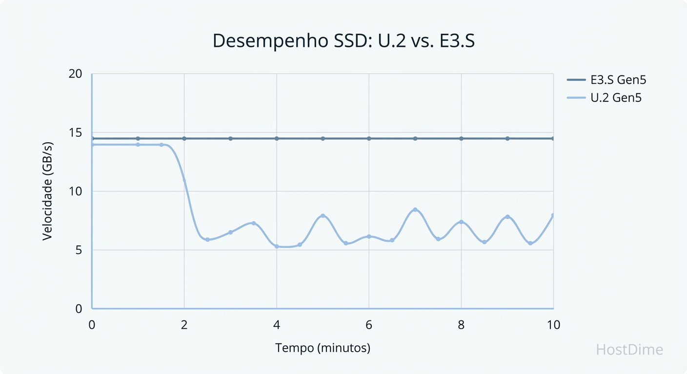 Estabilidade sob estresse: Enquanto o U.2 sofre throttling térmico severo, o E3.S mantém a taxa de transferência sustentada.