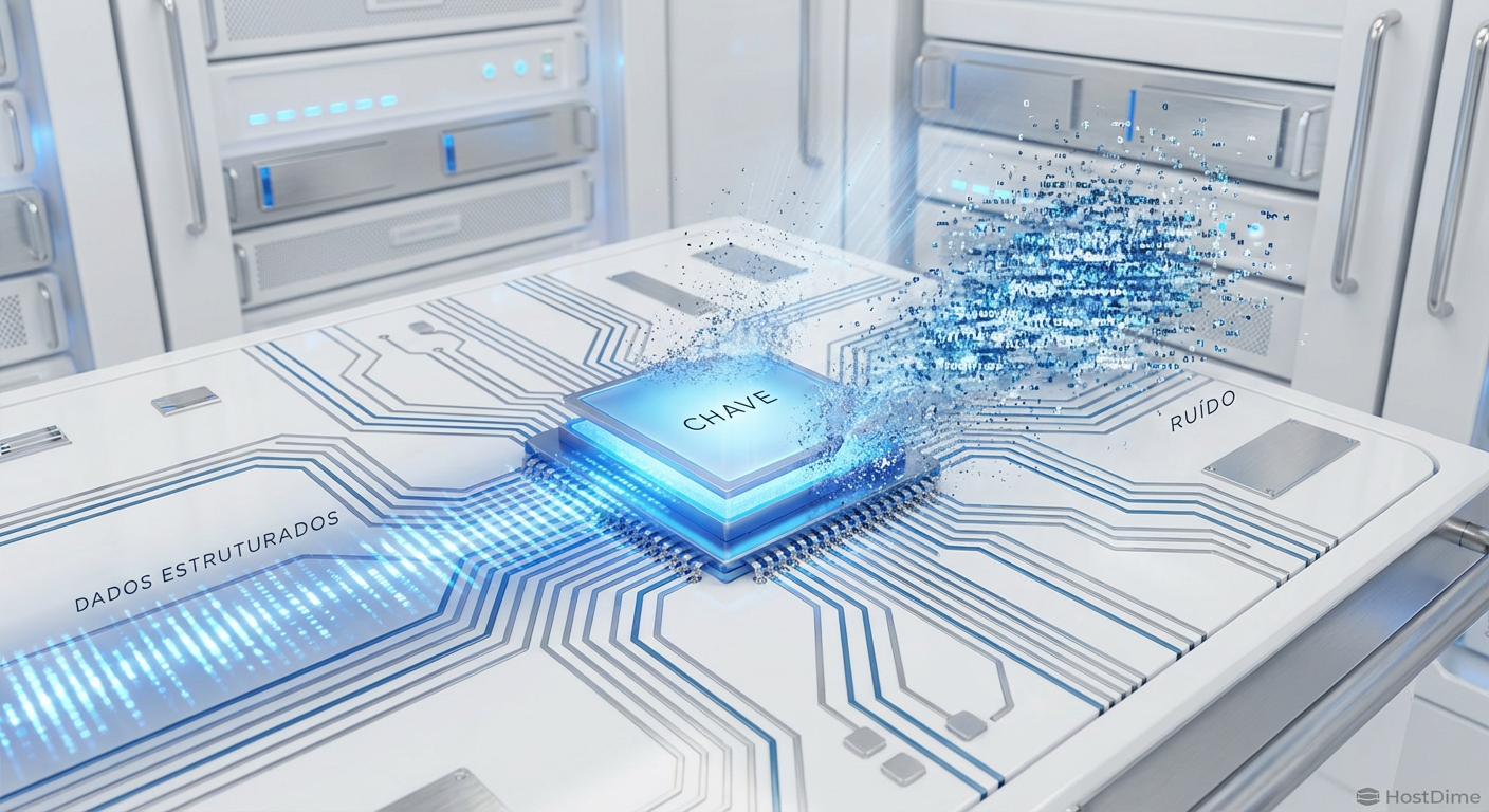 O conceito de Crypto-shredding: ao destruir a chave de criptografia, os dados estruturados tornam-se ruído matemático irrecuperável instantaneamente.