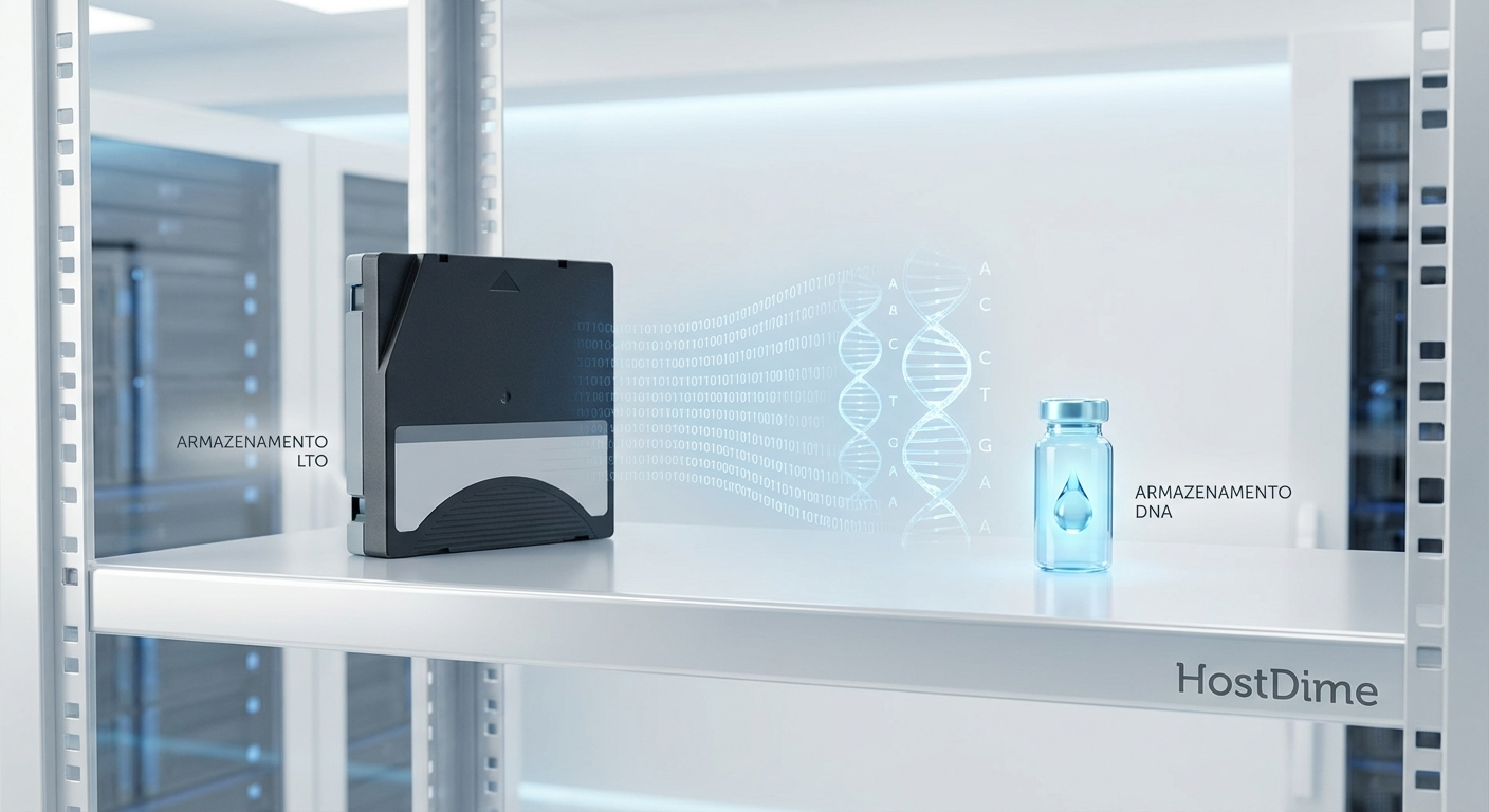 Comparação visual entre a fita magnética tradicional e a densidade extrema do armazenamento em DNA.
