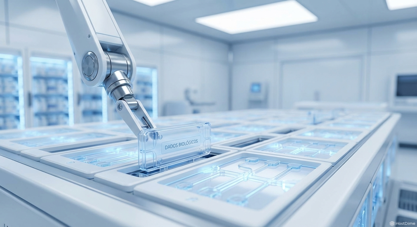 Visão conceitual de um data center biológico, onde a microfluídica substitui os componentes eletrônicos tradicionais de armazenamento.