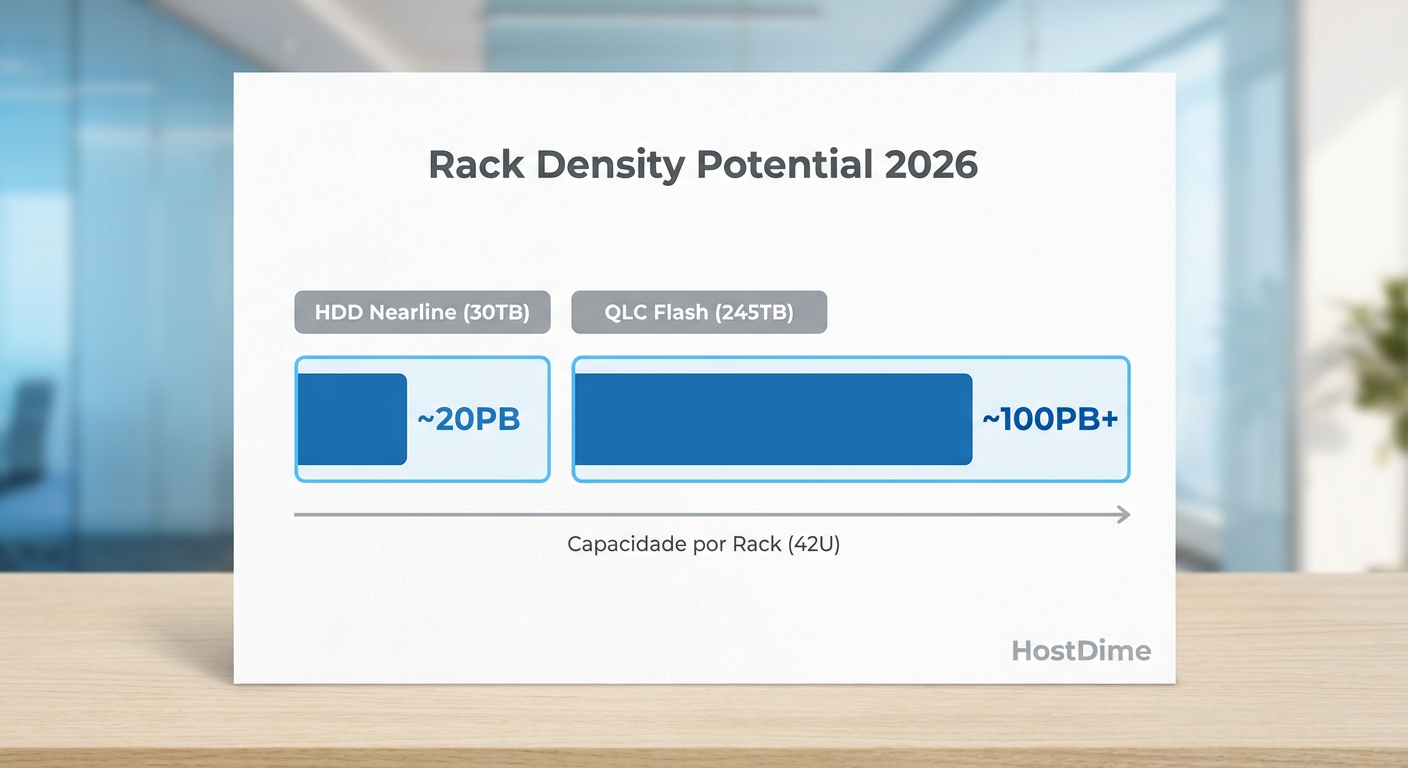 Fig. 1: A disparidade de densidade por rack entre HDDs modernos e a nova geração de Flash QLC amplia o abismo de eficiência energética.