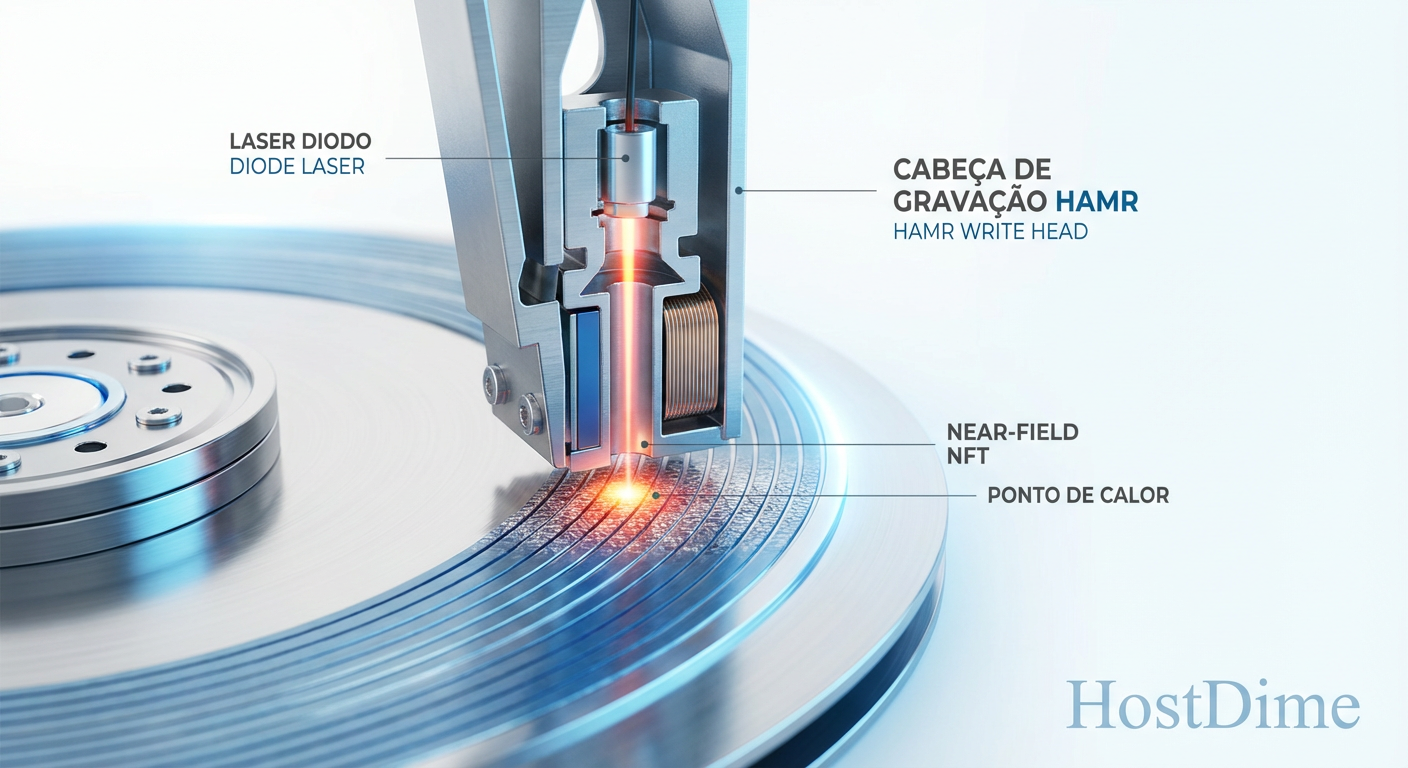 Diagrama técnico da cabeça de gravação HAMR: o laser aquece pontualmente a mídia para permitir a alteração magnética em materiais de alta coercividade.