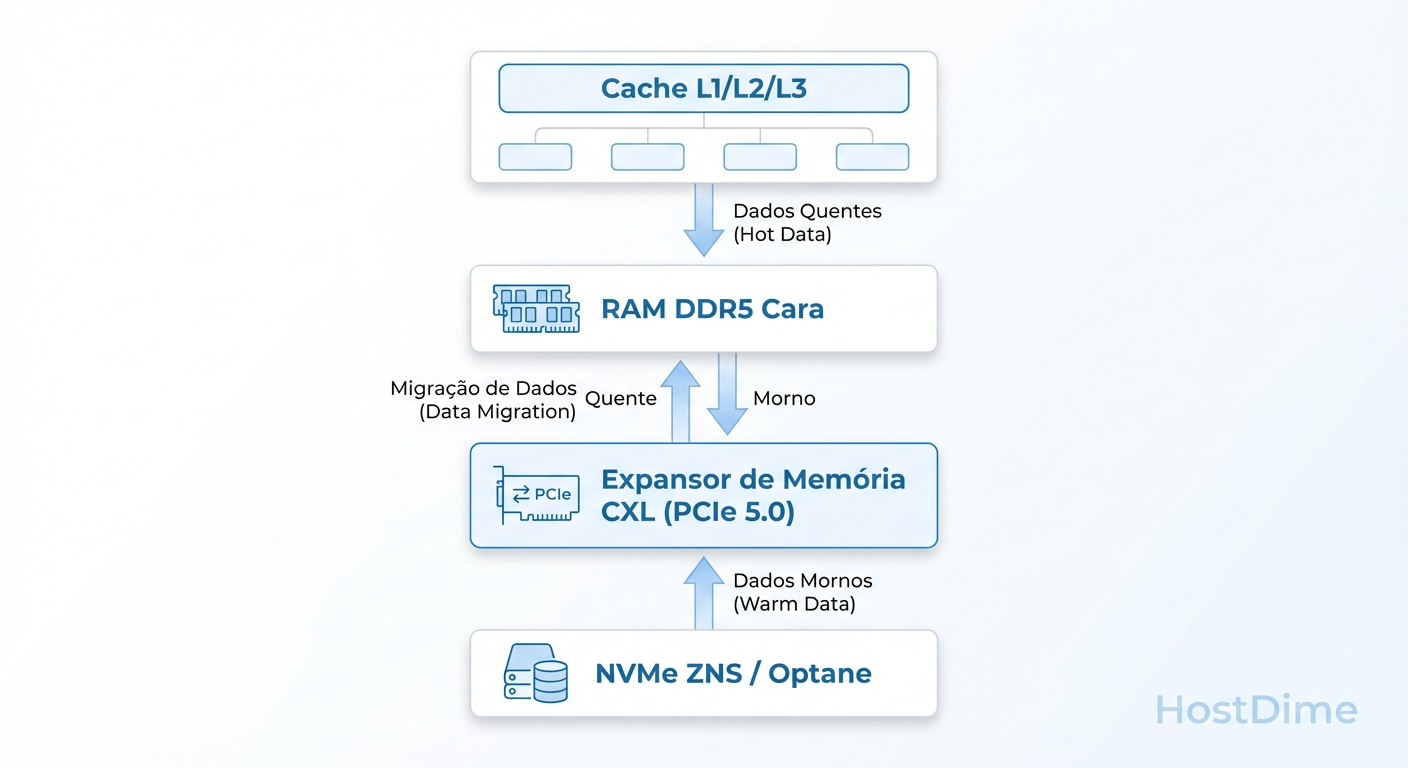 O Novo Mapa de Memória: Inserindo CXL e NVMe rápido para compensar a escassez de DDR5 nativa.