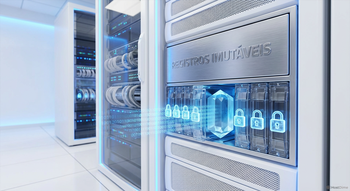 Representação visual de dados se transformando em cristais imutáveis dentro de um servidor de storage, simbolizando a tecnologia WORM para logs de auditoria de IA.