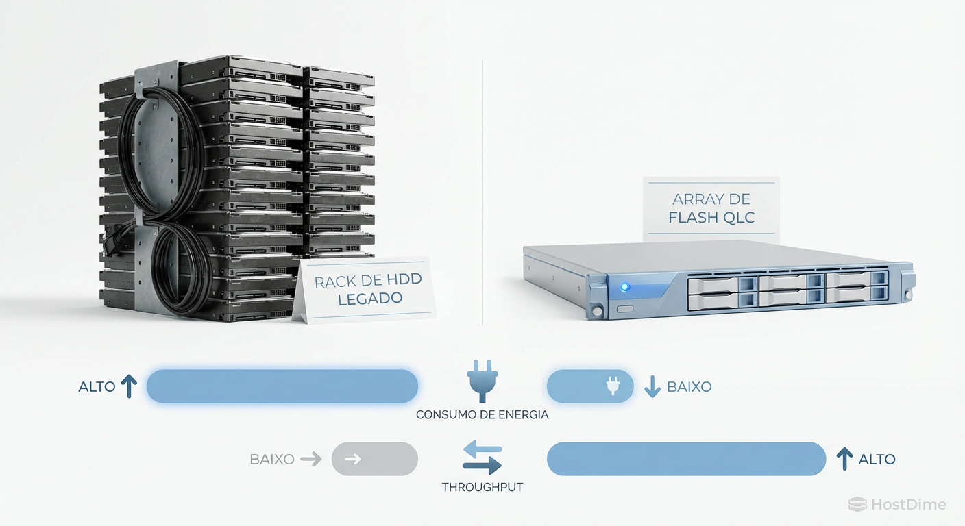 Fig 1. A densidade do QLC permite consolidar racks inteiros de HDDs em poucas unidades de rack (U), alterando a equação de OpEx.