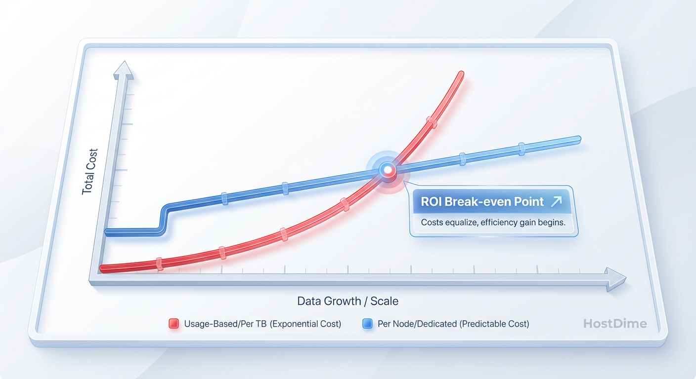 Fig 1. O Ponto de Virada: Onde a densidade do modelo 'Por Nó' vence a flexibilidade do 'Por Uso'.