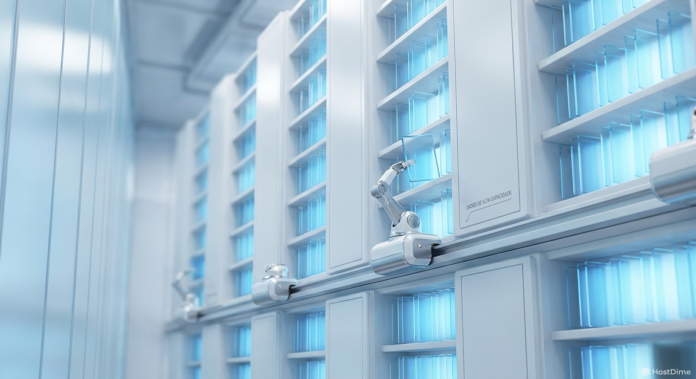 Conceito de biblioteca de armazenamento passiva: robôs autônomos movendo-se em trilhos verticais e horizontais para recuperar placas de vidro brilhantes em um datacenter escuro e eficiente, sem cabos nas prateleiras de armazenamento.