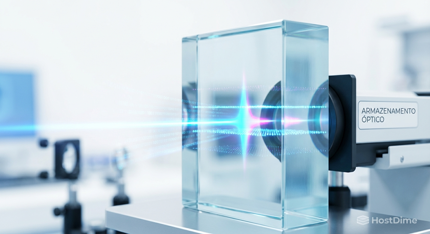 Visualização em corte transversal de um laser de femtossegundo gravando múltiplas camadas de voxels (dados 3D) dentro de um bloco de vidro, demonstrando o armazenamento volumétrico.