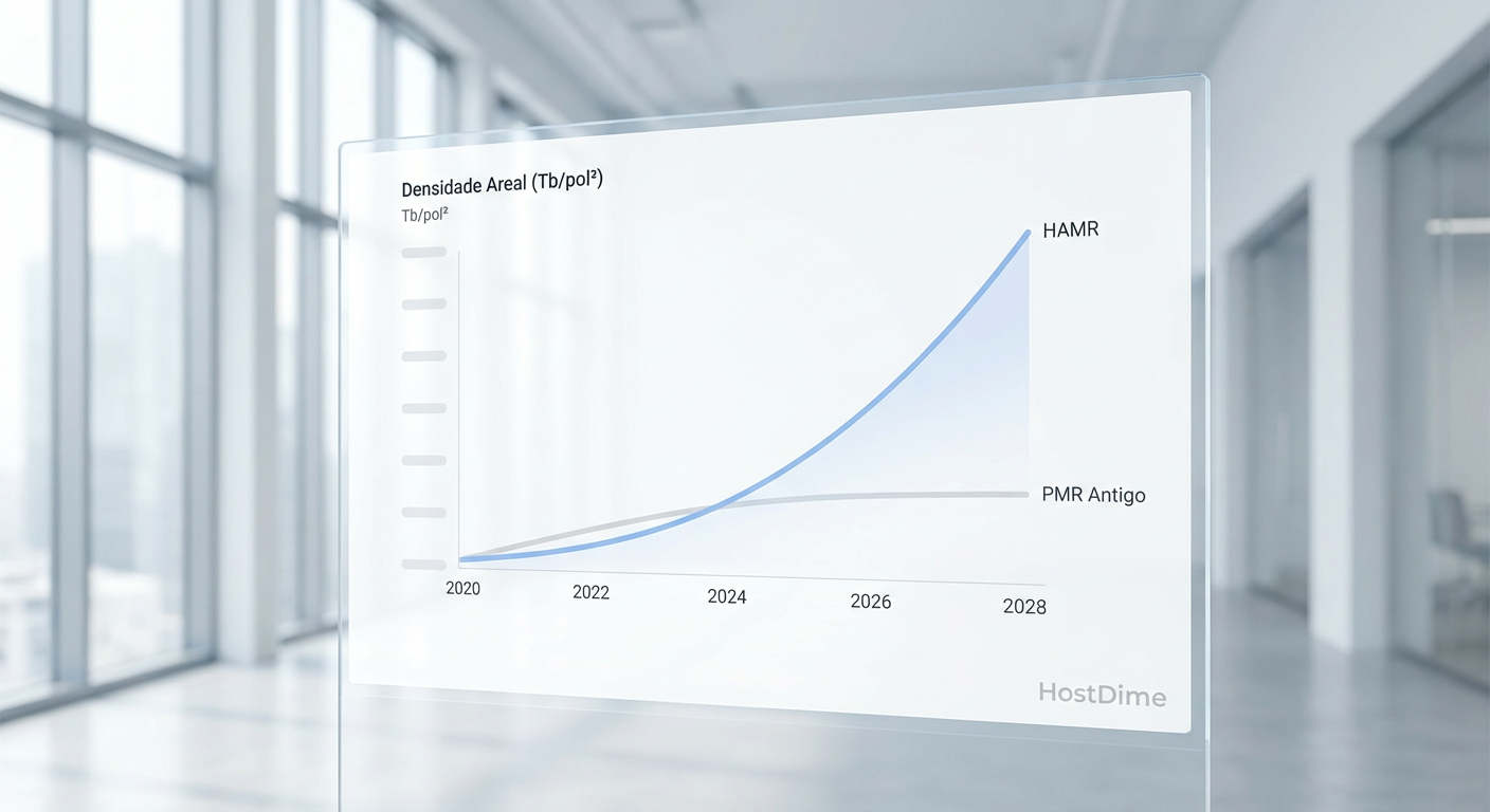 Fig. 2: A divergência de densidade: Enquanto o PMR estagnou, o HAMR permitiu a escalada para 44TB e além.