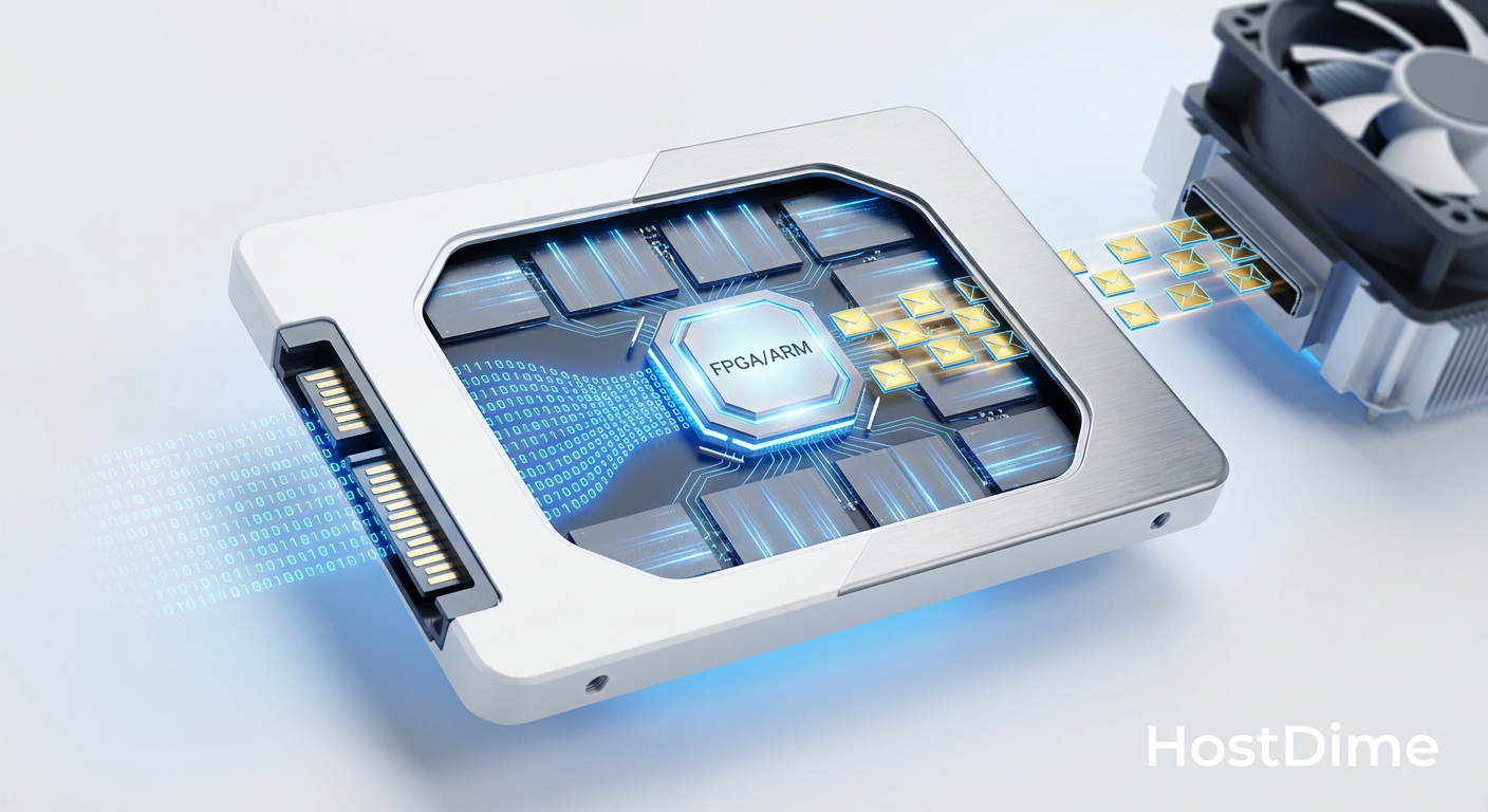 Diagrama de um drive de Storage Computacional: O processamento ocorre dentro do SSD, filtrando dados antes que eles atinjam o barramento principal.
