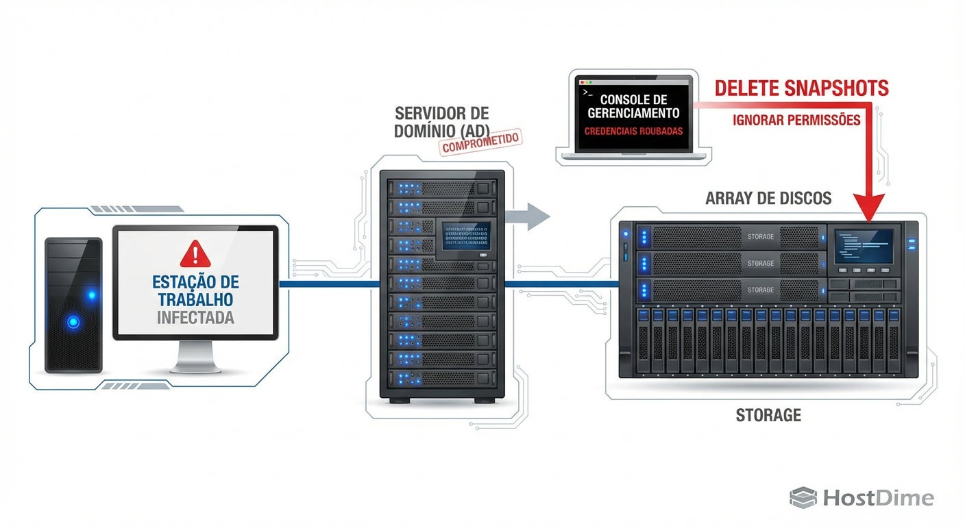 O fluxo de comprometimento moderno: do endpoint ao núcleo do armazenamento.