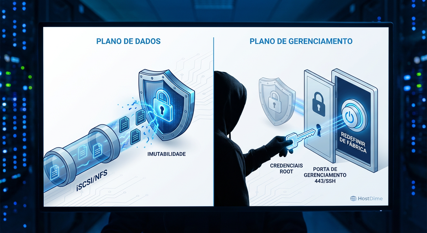 Diagrama ilustrando como o acesso ao Plano de Gerenciamento contorna as proteções de imutabilidade do Plano de Dados.