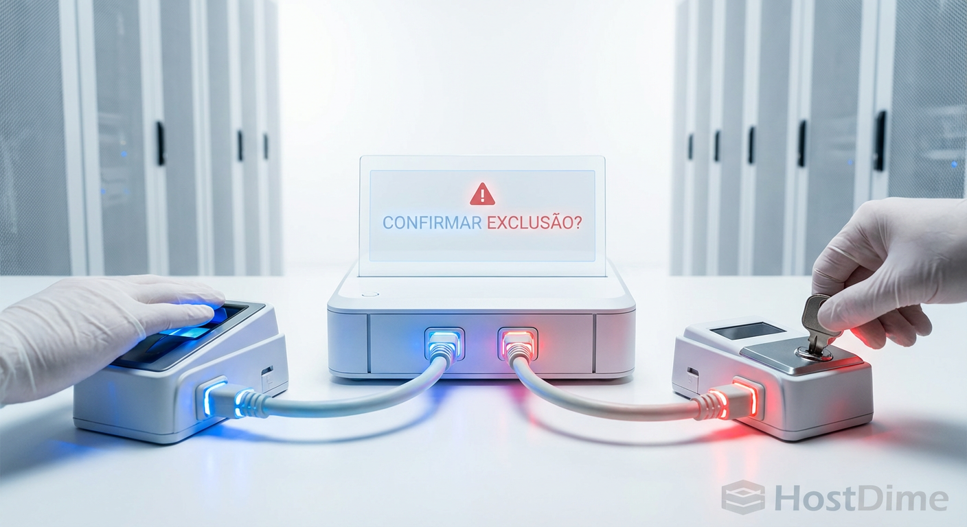 Ilustração conceitual da 'Regra dos Dois Administradores', onde ações críticas no storage exigem autenticação simultânea de duas pessoas distintas.